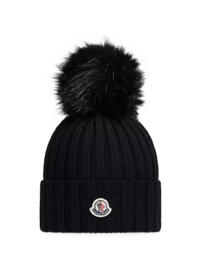 Moncler Pom-pom Rib-knit Beanie Hat In Black