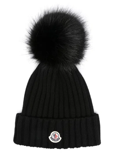 Moncler Ribbed Wool Beanie With Faux Fur Pom In Black