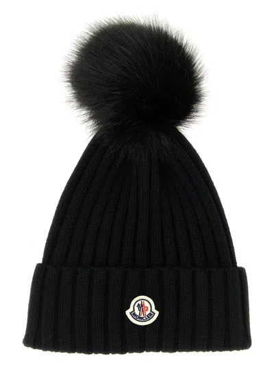 Moncler Ribbed Beanie Hat Featuring Pompom Detail In Black