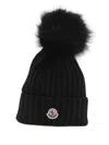 Moncler Ribbed Knit Wool Beanie With Faux Fur Pom-pom In Black