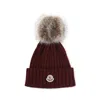 Moncler Ribbed Knit Hat With Fluffy Pom-pom In Brown