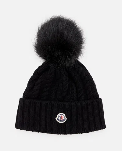 Moncler Ponpon Wool Cashmere Blend Beanie Hat In Black