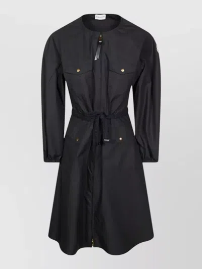 Moncler Poplin Dress Long Sleeves Belted Waist In Black