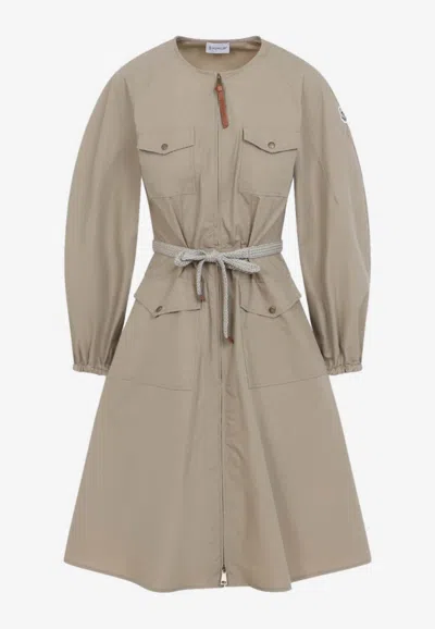 Moncler Poplin Dress With Fixed-tie Belt In Gray