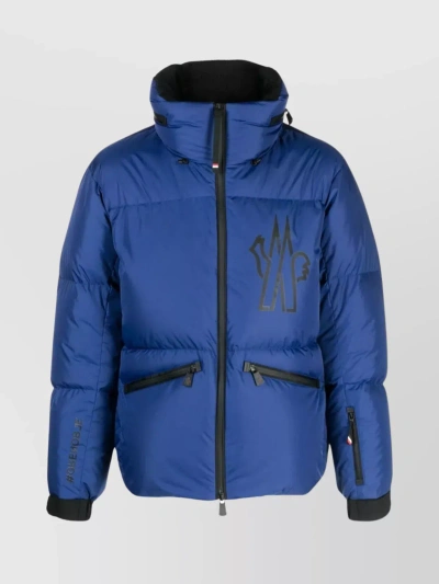 Moncler Printed Down Jacket With Hood And Ski Pass Pocket In Blue