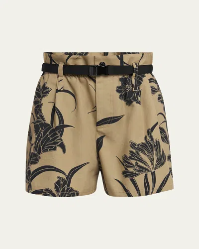 Moncler Printed Paper Bag Shorts With Belt In Brown
