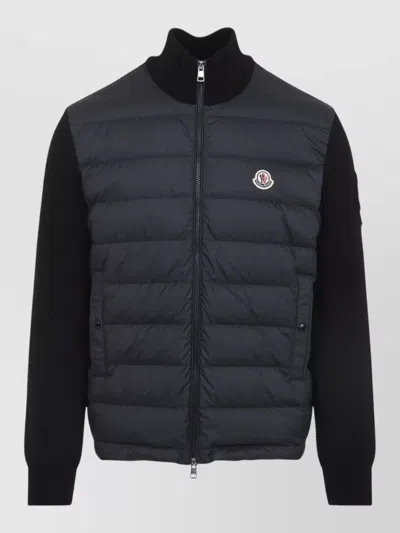 Moncler Quilted Cardigan Jacket Long Sleeves Ribbed Collar In Black