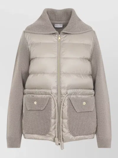 Moncler Quilted Cardigan Knit Sleeves Front Pockets In Gray