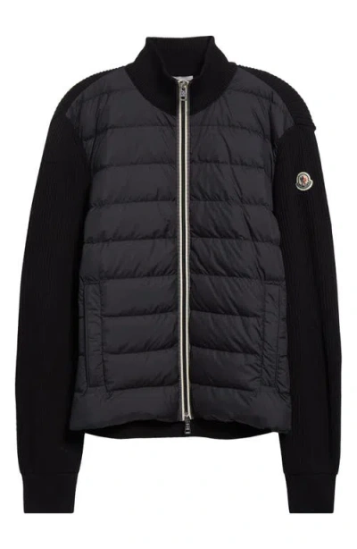 Moncler Quilted Down & Cotton Knit Cardigan In Black