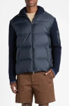 Moncler Quilted Front Cardigan Knitted Sleeves In Greyish Navy