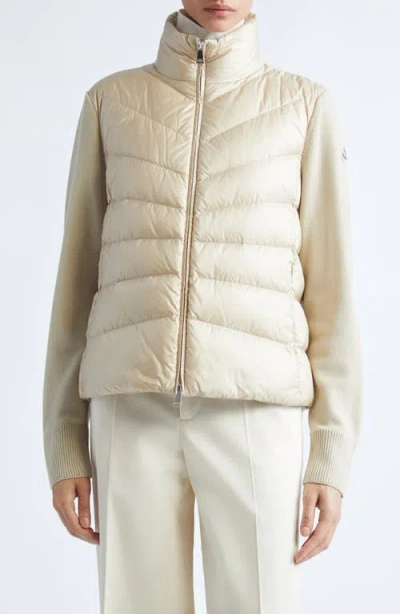 Moncler Quilted Down & Wool Knit Cardigan In 200-golden Sand