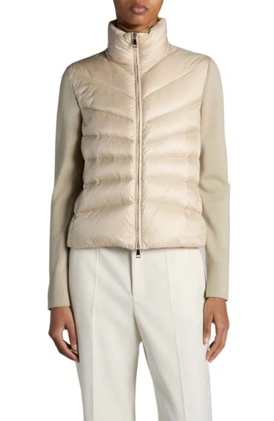 Moncler Lightweight Wool Puffer Cardigan In Golden Sand