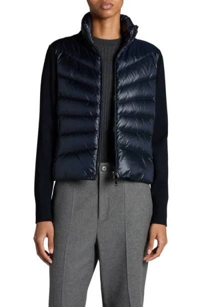 Moncler Quilted Down & Wool Knit Cardigan In Dark Navy Blue