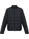 Moncler Quilted Down Jacket With High Collar And Logo Patch In Blue