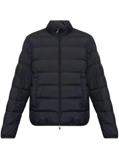 Moncler Quilted Down Jacket With High Collar And Logo Patch In Blue