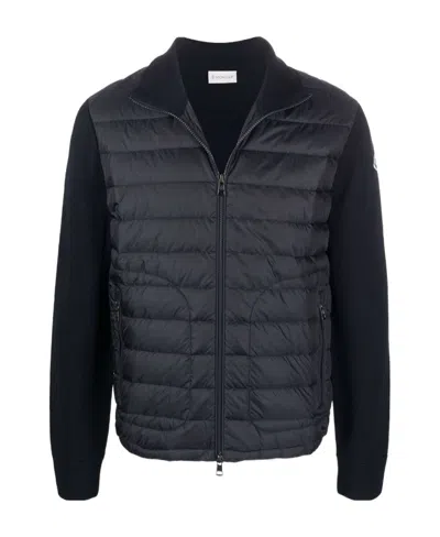 Moncler Quilted Down Jacket With Knitted Sleeves In Blue