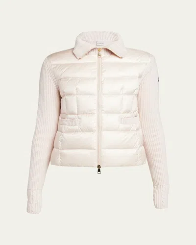 Moncler Quilted Down Knit Cardigan In Pastel Pink