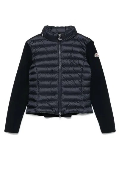 Moncler Quilted Front Cardigan With Fitted Knit Sleeves In Black