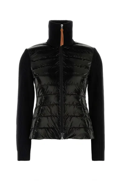 Moncler Cardigan Zippé En Laine À Matelassage Diagonal In Black