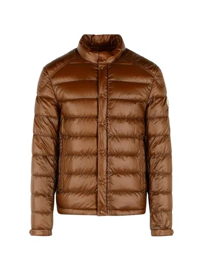Moncler Quilted Logo-patch Jacket In Brown