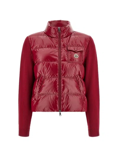 Moncler High Collar Cardigan Quilted Front Ribbed Cuffs In Red