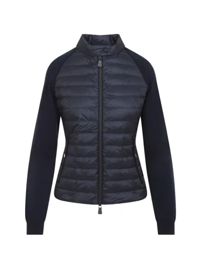 Moncler High Collar Quilted Cardigan Jacket Ribbed Cuffs In Blue
