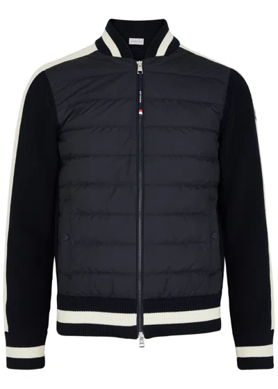 Moncler Slim-fit Logo-appliquéd Striped Ribbed Cotton And Quilted Shell Down Cardigan In Navy