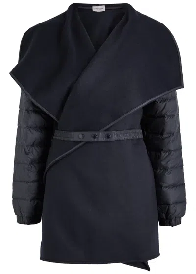 Moncler Quilted Wool Cape Coat In Blue Dark