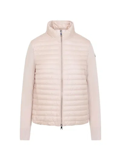 Moncler High Collar Quilted Cardigan Long Sleeves In Pink