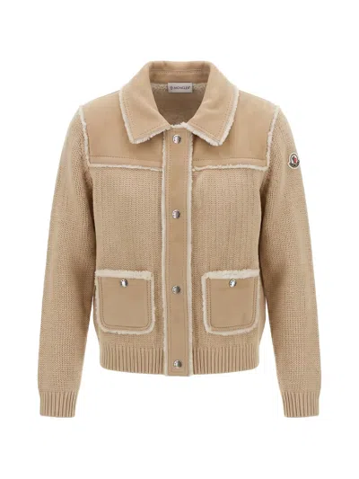 Moncler Quilted-panel Knitted Cardigan In Brown