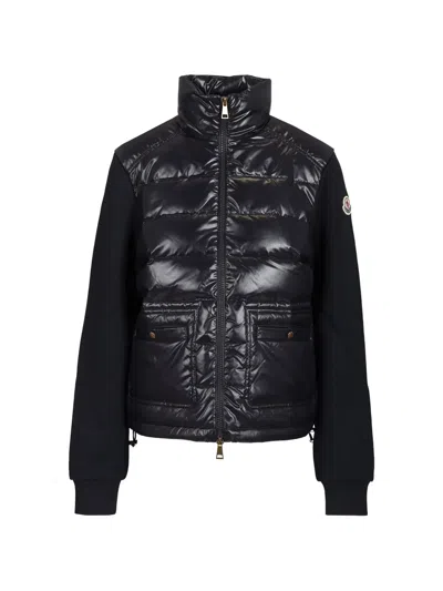 Moncler High Collar Cotton Blend Padded Sweater In Blue