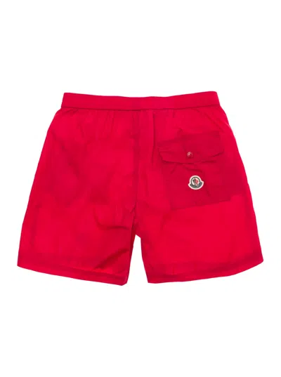 Moncler Kids' Red Bermuda Shorts With Logo Print In Polyamide Boy