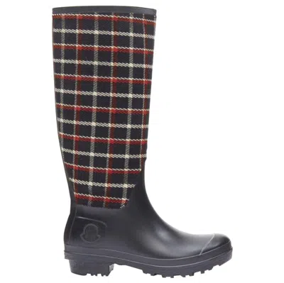Pre-owned Moncler Red Black Plaid Check Black Rubber Wellington Rain Boots Eu39