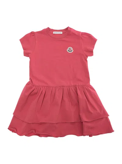 Moncler Kids' Red Crewneck Dress With Logo Patch Applied On The Front In Cotton Baby