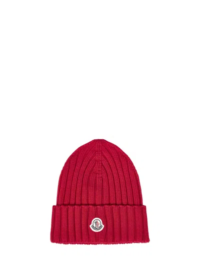 Moncler Red Ribbed Wool Knit Beanie With Logo Patch