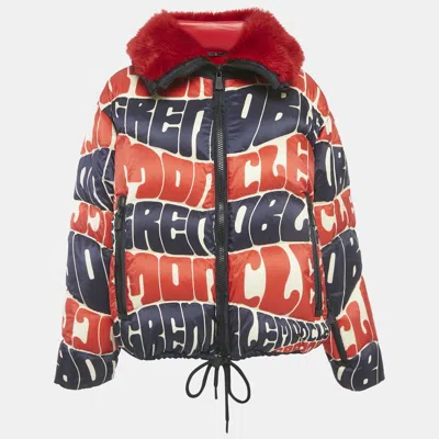 Pre-owned Moncler Red/blue Logo Print Faux Fur And Nylon Puffer Jacket L