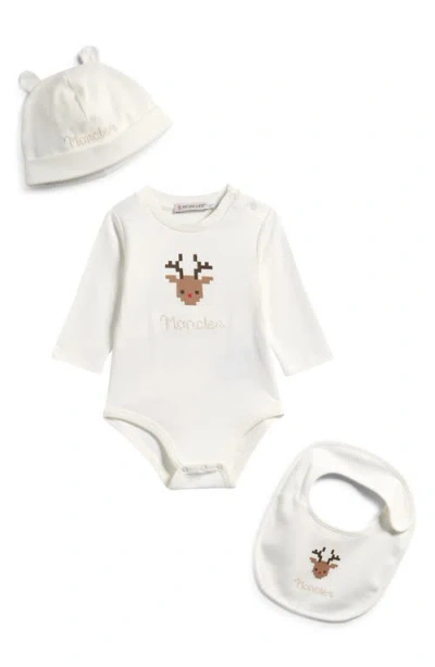 Moncler Kids'  Reindeer Bodysuit, Cap & Bib Set In White