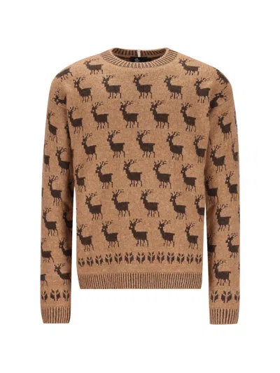 Moncler Grenoble Girocollo Intarsia Tricot Sweater In Brown