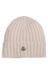 Moncler Light Pink Ribbed Wool Beanie With Logo