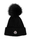 Moncler Ribbed Knit Wool Beanie With Faux Fur Pom-pom In Black