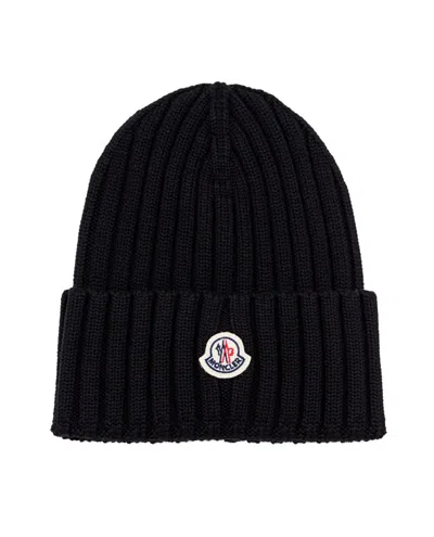 Moncler Ribbed Beanie Hat With Embroidered Logo Detail In Black