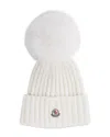 Moncler Ribbed Wool Beanie With Faux Fur Pom In White
