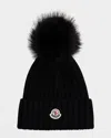 Moncler Ribbed Knit Wool Beanie With Faux Fur Pom-pom In Black