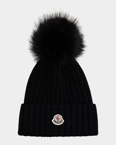 Moncler Ribbed Knit Wool Beanie With Faux Fur Pom-pom In Black