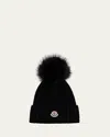 Moncler Ribbed Beanie With Faux Fur Pom In Black