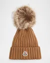 Moncler Ribbed Beanie With Faux Fur Pom In Brown