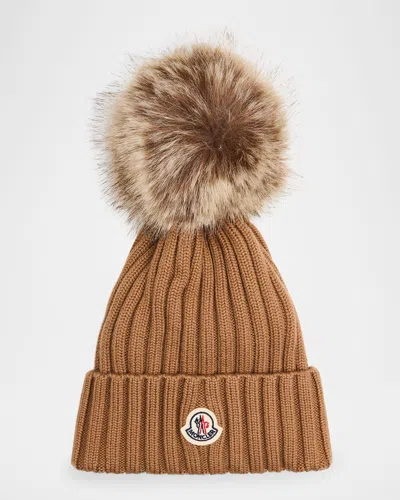 Moncler Ribbed Beanie With Faux Fur Pom In Brown