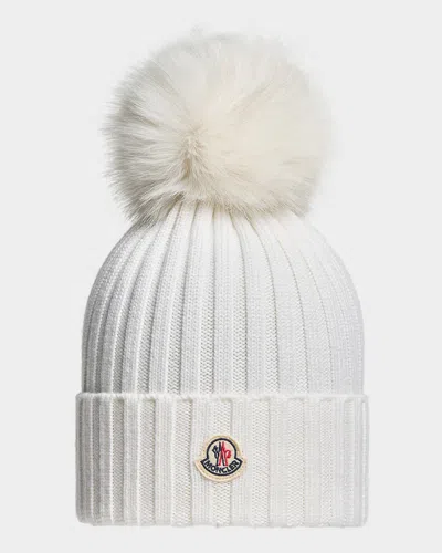 Moncler Ribbed Wool Beanie With Faux Fur Pom In Natural