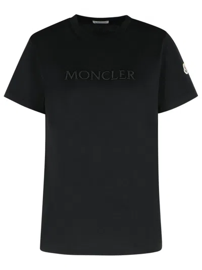 Moncler Ribbed Black Cotton T-shirt With Embossed Logo Detail