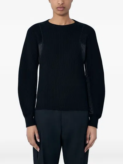 Moncler Ribbed Knit Sweater With Contrast Panels In Blue
